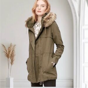 LOFT Khaki Utility Jacket with Faux Fur Hood